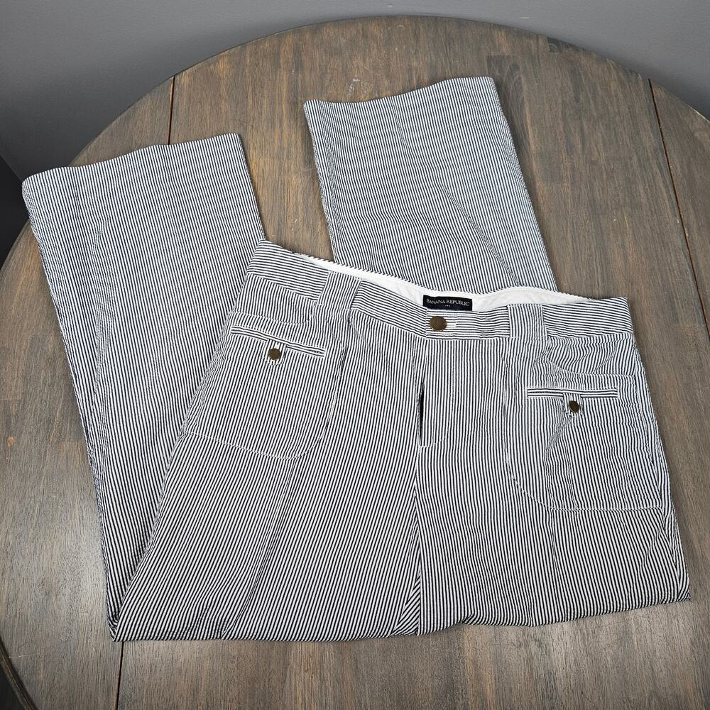Banana Republic Womens 14 Seersucker Flare Pants Striped Casual Navy White‎